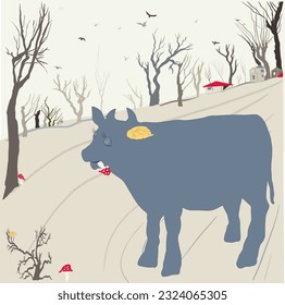 The blue bull eats a fly agaric, instead of an ear, an autumn yellow leaf. In the background are trees and houses. 