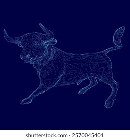 Blue bull is leaping in the air. The image is a stylized representation of a bull, with its horns and tail visible. The blue color of the bull and the sky creates a sense of depth and movement