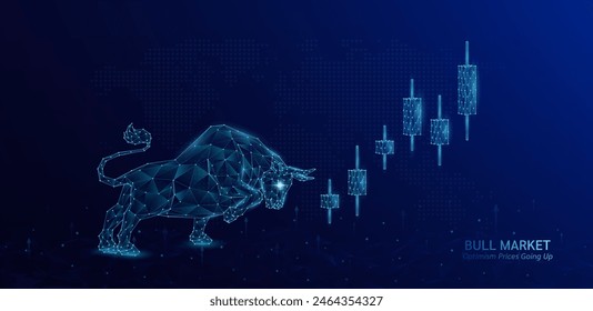 Blue bull shapes polygon facing each candlestick. Bullish stock market trends growth chart optimism prices going up. Analysis business strategy financial investment. On world map and arrow. Vector.