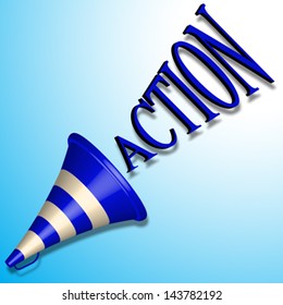 blue bullhorn icon and action command shadowed over blue background, abstract vector art illustration, image contains transparency