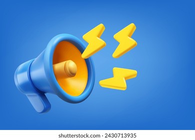 Blue bullhorn with yellow bolts. Announcement concept. Vector 3d illustration