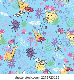 Blue bunnies with wildflowers background pattern. Happy Easter. Vector pattern.