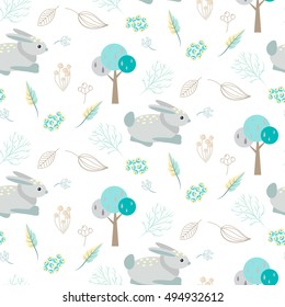 Blue bunny in abstract woods seamless pattern. Blue trees and berry on white background.