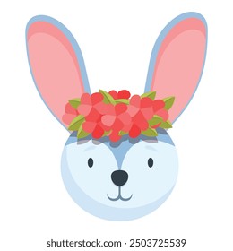 Blue bunny with big pink ears is wearing a crown of red flowers