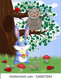 Blue bunny with a bouquet on a forest glade. Spring, love, postcard