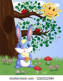 Blue bunny with a bouquet on a forest glade. Spring, love, postcard