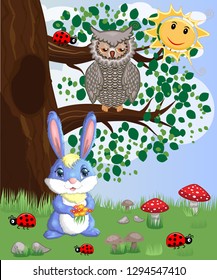 Blue bunny with a bouquet on a forest glade. Spring, love, postcard