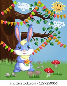 Blue bunny with a bouquet on a forest glade. Spring, love, postcard