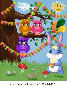 Blue bunny with a bouquet on a forest glade. Spring, love, postcard