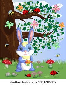 Blue bunny with a bouquet on a forest glade. Spring,