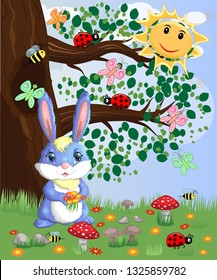 Blue bunny with a bouquet on a forest glade. Spring, love, postcard