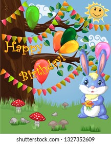 Blue bunny with a bouquet on a forest glade. Spring, love, postcard