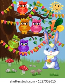 Blue bunny with a bouquet on a forest glade. Spring, love, postcard