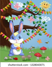 Blue bunny with a bouquet on a forest glade. Spring, love, postcard
