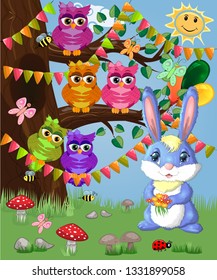 Blue bunny with a bouquet on a forest glade. Spring, love, postcard