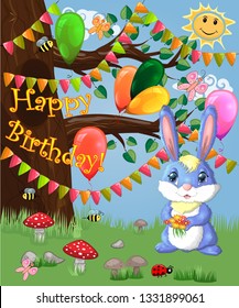 Blue bunny with a bouquet on a forest glade. Spring, love, postcard