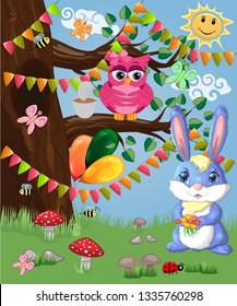 Blue bunny with a bouquet on a forest glade. Spring, love, postcard