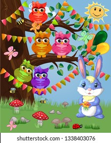 Blue bunny with a bouquet on a forest glade. Spring, love, postcard