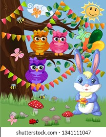 Blue bunny with a bouquet on a forest glade. Spring, love, postcard
