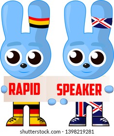 blue bunny character, holding a sign, learning foreign languages