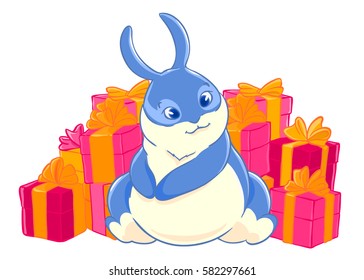 Blue Bunny enjoys the gifts. Character. Boxes with bows. Festive packaging.