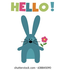 Blue bunny with flower and text HELLO!