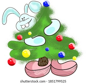 blue bunny hugging a Christmas tree. Isolated on white. Funny cartoon image