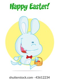 Blue bunny running with easter eggs in a basket
