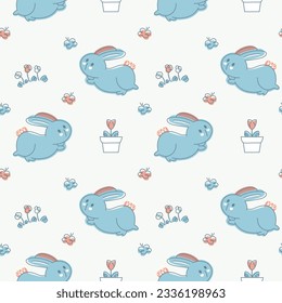 Patrón sin soldadura de conejo azul con iluminación de flores postizas. Diseño de impresión vectorial de conejo azul con tulipán y mariposa para niños.