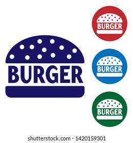 Blue Burger icon isolated on white background. Hamburger icon. Cheeseburger sandwich sign. Set color icon in circle buttons. Vector Illustration