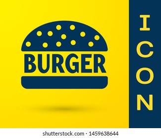 Blue Burger icon isolated on yellow background. Hamburger icon. Cheeseburger sandwich sign. Vector Illustration
