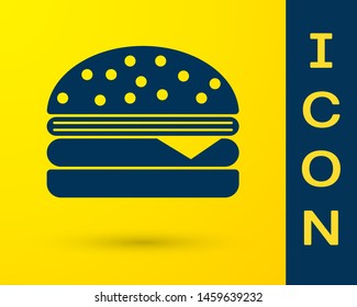 Blue Burger icon isolated on yellow background. Hamburger icon. Cheeseburger sandwich sign. Vector Illustration