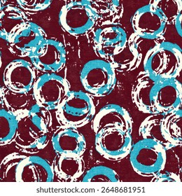 Blue and burgundy circles patterned fabric with turquoise ink.  Woodblock print seamless pattern, seamless repeating vector pattern, design and pattern for textile print. Vector illustration.