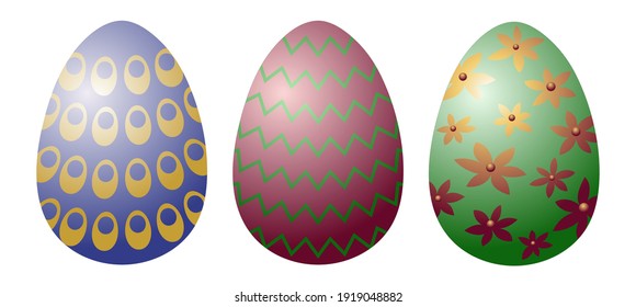 Huevos azules, burdeos y verdes de Pascua con motivos aislados en un fondo blanco. Tres huevos vectoriales pintados decorativos creados con un gradiente