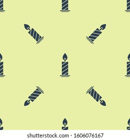 Blue Burning candle in candlestick icon isolated seamless pattern on yellow background. Cylindrical candle stick with burning flame.  Vector Illustration
