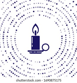 Blue Burning candle in candlestick icon isolated on white background. Cylindrical candle stick with burning flame. Abstract circle random dots. Vector Illustration