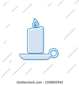 Blue Burning candle in candlestick line icon isolated on white background. Old fashioned lit candle. Cylindrical aromatic candle stick with burning flame. Vector Illustration