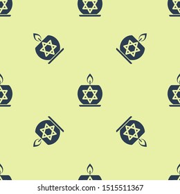 Blue Burning candle in candlestick with star of david icon isolated seamless pattern on yellow background. Cylindrical candle stick with burning flame.  Vector Illustration