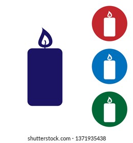 Blue Burning candle icon isolated on white background. Old fashioned lit candle. Cylindrical aromatic candle stick with burning flame. Set color icon in circle buttons. Vector Illustration