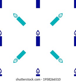 Blue Burning candle icon isolated seamless pattern on white background. Cylindrical candle stick with burning flame.  Vector