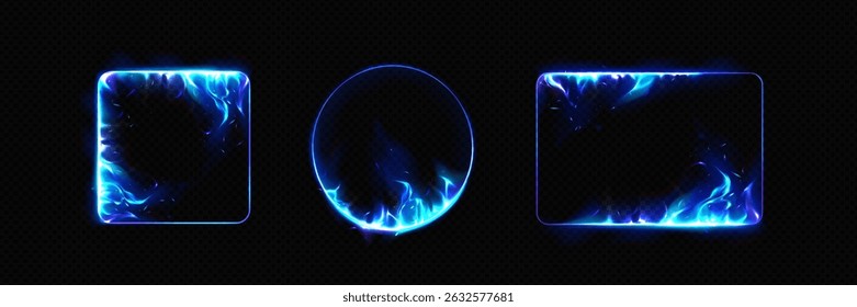 Blue burning fire frames set - square, circle and rectangle shape borders with realistic flame, fiery light streak effect isolated on black background. Cold blaze neon design elements collection.