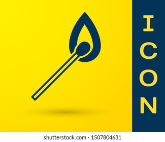 Blue Burning match with fire icon isolated on yellow background. Match with fire. Matches sign.  Vector Illustration