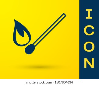 Blue Burning match with fire icon isolated on yellow background. Match with fire. Matches sign.  Vector Illustration