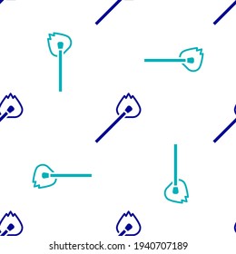 Blue Burning match with fire icon isolated seamless pattern on white background. Match with fire. Matches sign.  Vector