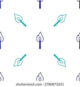 Blue Burning match with fire icon isolated seamless pattern on white background. Match with fire. Matches sign.  Vector