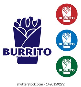 Blue Burrito icon isolated on white background. Traditional mexican fast food. Set color icon in circle buttons. Vector Illustration