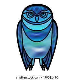 Blue burrowing owl drawn in simple tribal style with a stained glass effect. Vector EPS-10 file, transparency used. 