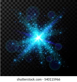 Blue burst, light effect on transparent background, vector