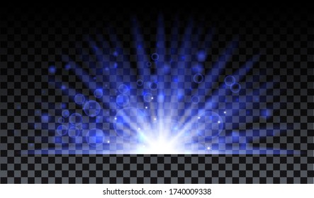 Blue burst on transparent background with sparkles and bokeh. Blue star glow effect. Magic burst for cads, invitations, poster and web. Futuristic vector design