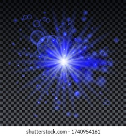 El azul estalló sobre un fondo transparente con chispas y bokeh. Efecto de brillo de estrella azul. Explosión mágica para caderas, invitaciones, afiches y web. Diseño vectorial futurista